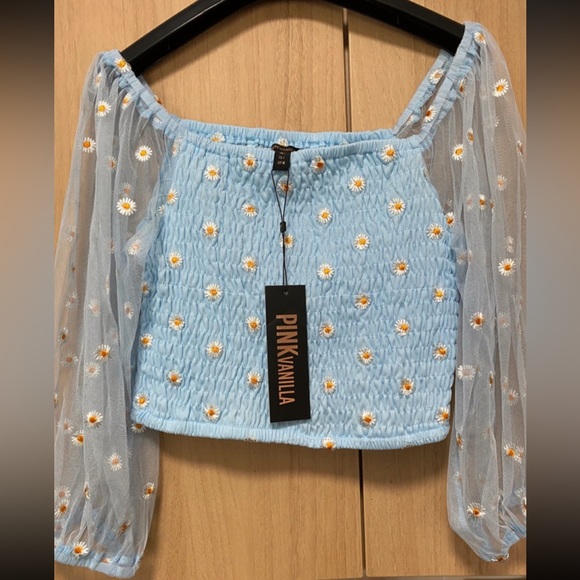 pink vanilla Tops - Elasticated mesh daisy embroidery crop top size L - pink vanilla